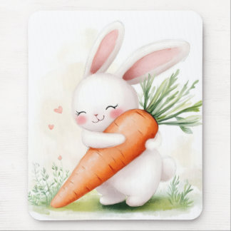 Cute Watercolor Spring Bunny Carrot Mouse Pad
