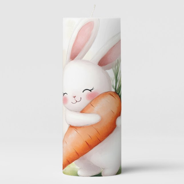 Cute Watercolor Spring Bunny Carrot Pillar Candle (Front)