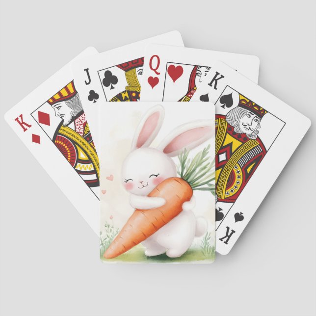 Cute Watercolor Spring Bunny Carrot Poker Cards (Back)