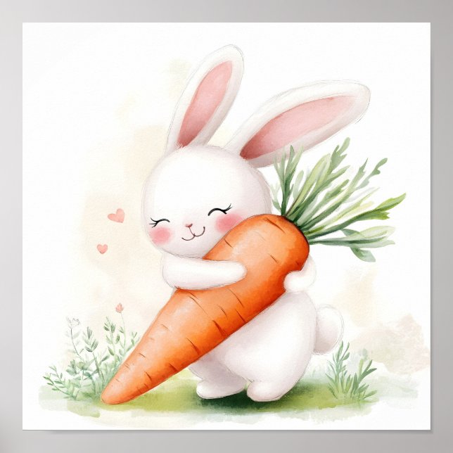Cute Watercolor Spring Bunny Carrot Poster (Front)