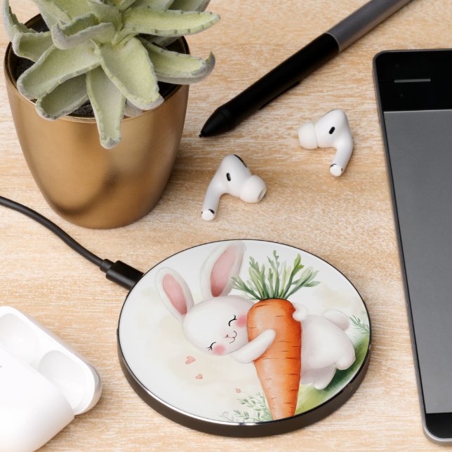 Cute Watercolor Spring Bunny Carrot Wireless Charger (Desk 2)