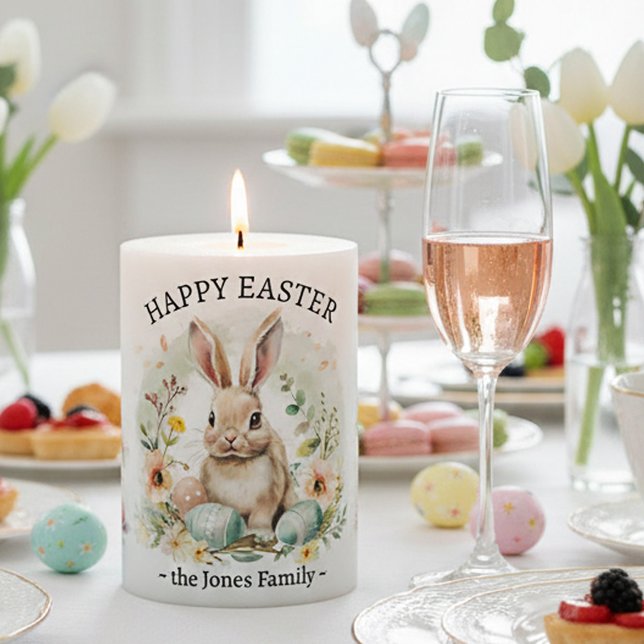 Cute Watercolor Spring Easter Bunny Pillar Candle (Cute Easter candle, featuring watercolor paintings of a bunny, eggs and spring flowers)