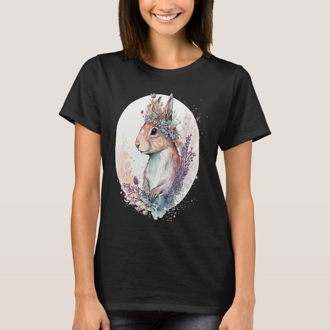 Cute Watercolor Squirrel Flower Crown Animal T-Shirt (Front)
