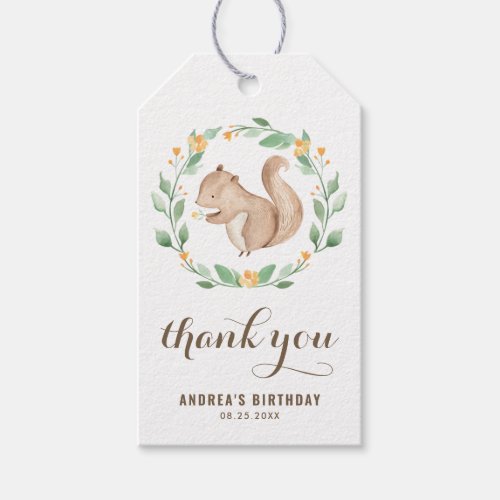 Cute Watercolor Squirrel Greenery Wreath Birthday Gift Tags