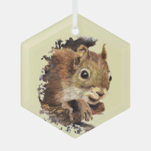 Cute Watercolor Squirrel Peeking Animal Art Glass Ornament