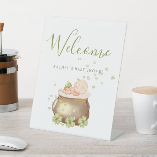 Cute watercolor st patricks baby shower welcome pedestal sign