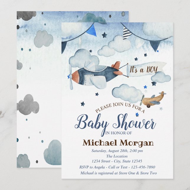 Cute Watercolor Stars,Clouds,Airplane Baby Shower Invitation (Front/Back)