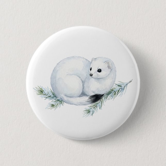 Cute Watercolor Stoat Ermine Button (Front)