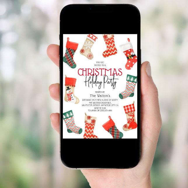 Cute Watercolor Stocking Christmas Holiday Party Invitation (Front Digital)