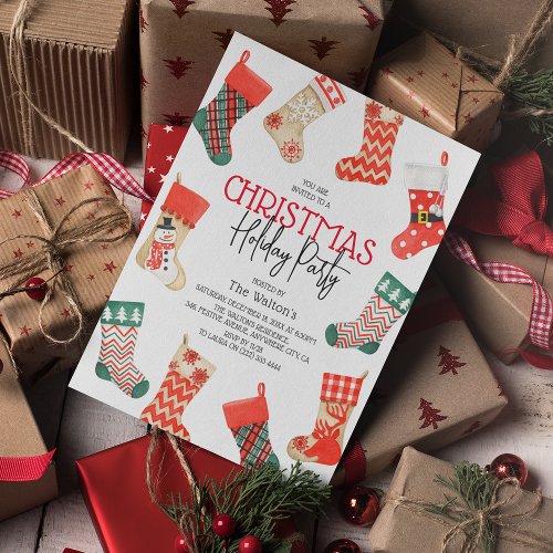 Cute Watercolor Stocking Christmas Holiday Party Invitation