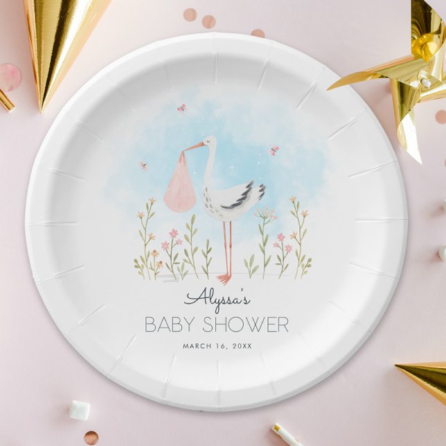Cute Watercolor Stork Baby Shower Paper Plates (Creator Uploaded)