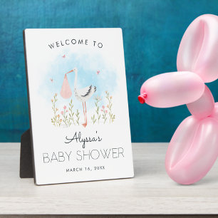Cute Watercolor Stork Baby Shower Welcome Tabletop Plaque