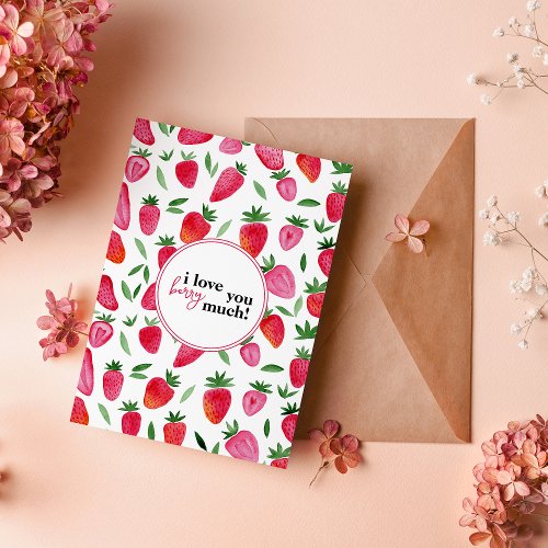 Cute watercolor strawberries pattern i love you thank you card