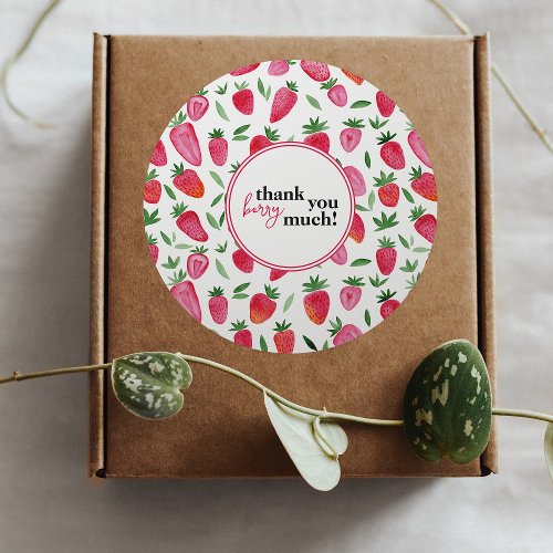 Cute watercolor strawberries pattern thank you classic round sticker