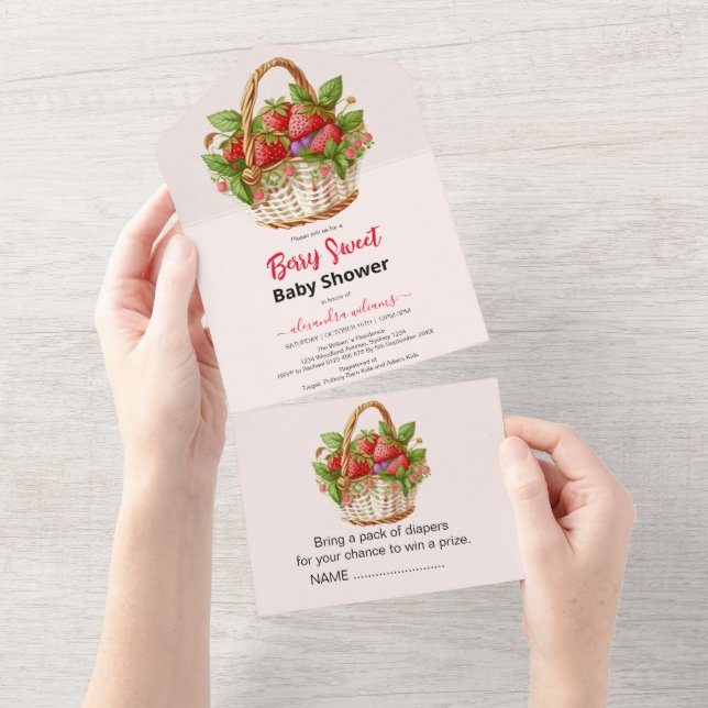 Cute watercolor strawberry baby shower all in one invitation (Tearaway)