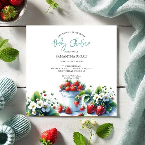 Cute Watercolor Strawberry Baby Shower Invitation