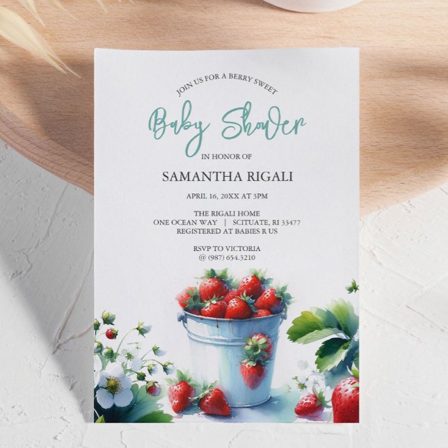 Cute Watercolor Strawberry Baby Shower Invitations (Strawberry baby shower invitations features a retro watercolor tin pint of strawberries DoTellABelle)