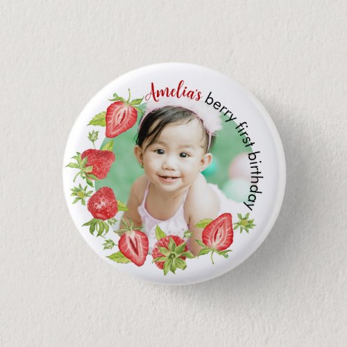 Cute Watercolor Strawberry Berry First Birthday Button