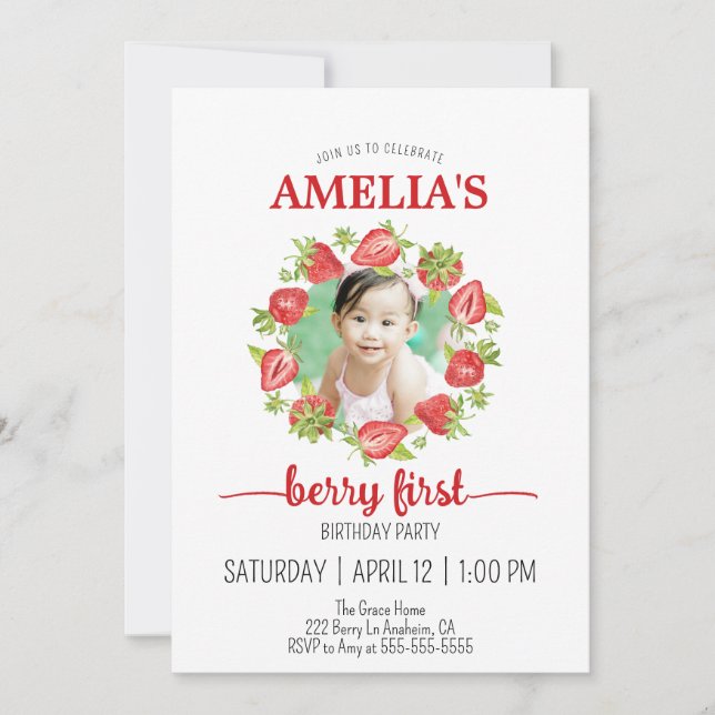 Cute Watercolor Strawberry Berry First Birthday In Invitation (Front)