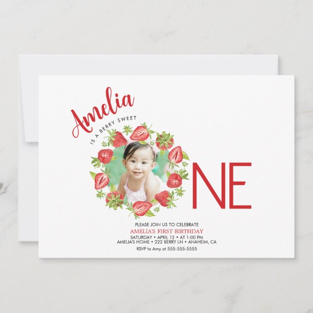 Cute Watercolor Strawberry Berry First Birthday In Invitation (Front)