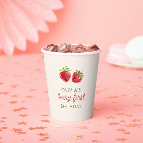 Cute Watercolor Strawberry Berry First Birthday Paper Cups