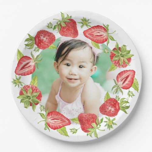 Cute Watercolor Strawberry Berry First Birthday Paper Plates