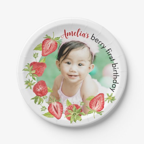 Cute Watercolor Strawberry Berry First Birthday Paper Plates