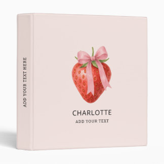 Cute Watercolor Strawberry Bow Coquette Monogram 3 Ring Binder