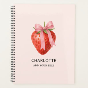 Cute Watercolor Strawberry Bow Coquette Monogram Planner
