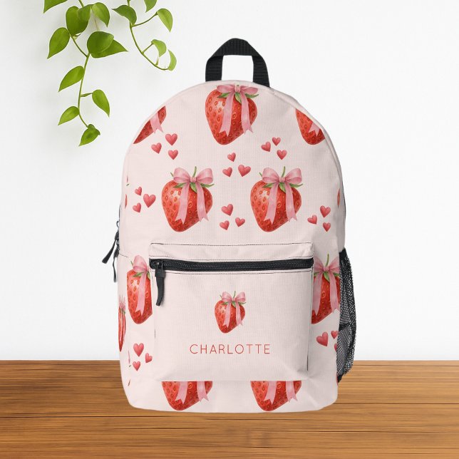 Cute Watercolor Strawberry Bow Coquette Pattern Printed Backpack (Cute Girly Pastel Pink Watercolor Strawberry Coquette Backpack)