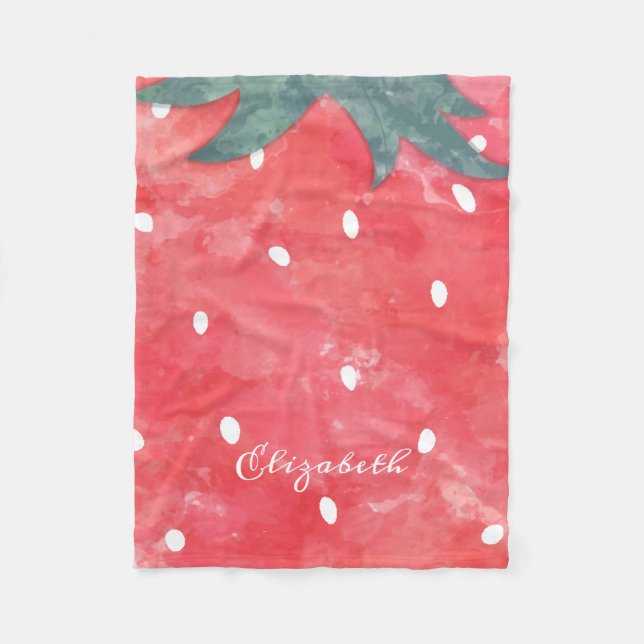 Cute Watercolor Strawberry   Fleece Blanket (Front)