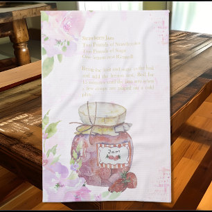 Cute Watercolor Strawberry Jam Recipe Kitchen Towel