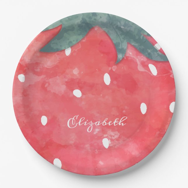 Cute Watercolor Strawberry  Paper Plates (Front)