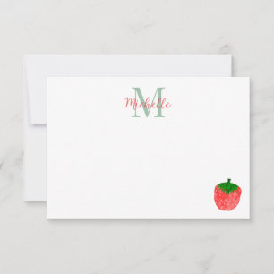 Cute Watercolor Strawberry Personalized Monogram Note Card