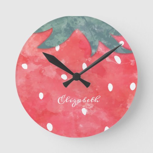 Cute Watercolor Strawberry  Round Clock