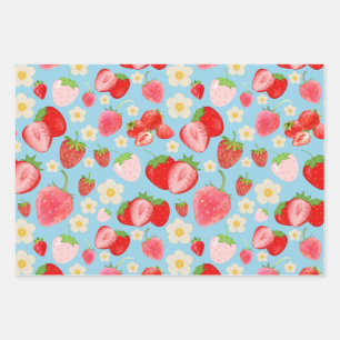 Cute Watercolor Strawberry Seamless Pattern Wrapping Paper Sheets