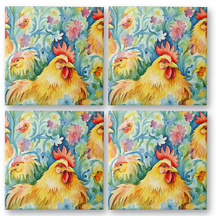Cute Watercolor Style Chickens Ceramic Tile