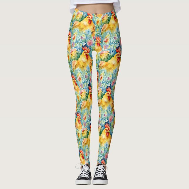 Cute Watercolor Style Chickens Leggings (Front)