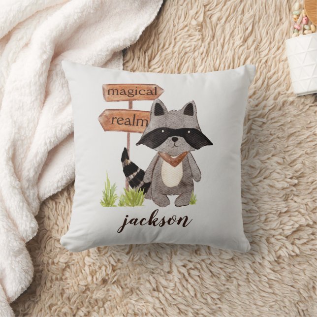 Cute Watercolor Style Raccoon Custom Text Name Throw Pillow (Blanket)