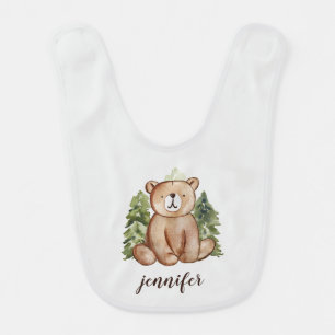Cute Watercolor Style Woodland Bear Text Name Baby Bib