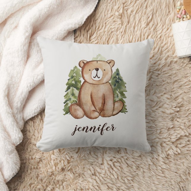 Cute Watercolor Style Woodland Bear Text Name Throw Pillow (Blanket)