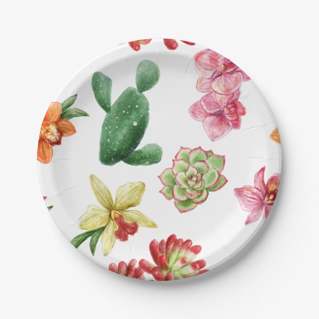 Cute Watercolor Succulent hand drawn pattern Paper Plates (Front)