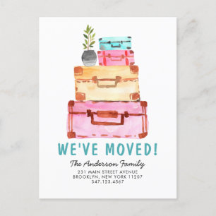 Cute Watercolor Suitcase Plant We've Moved Moving Announcement Postcard