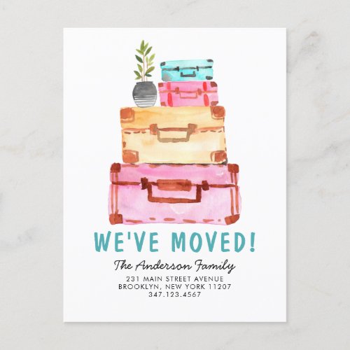 Cute Watercolor Suitcase Plant Weve Moved Moving Announcement Postcard