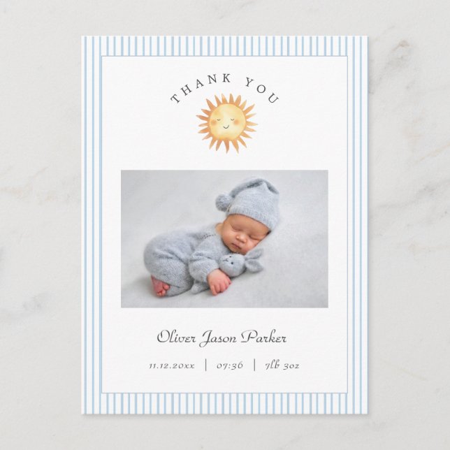 Cute watercolor sun Baby Boy Birth Announcement Postcard (Front)
