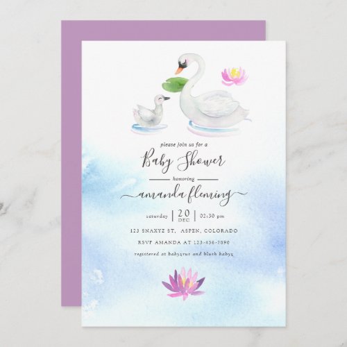 Cute Watercolor Swans Baby Shower Invitation