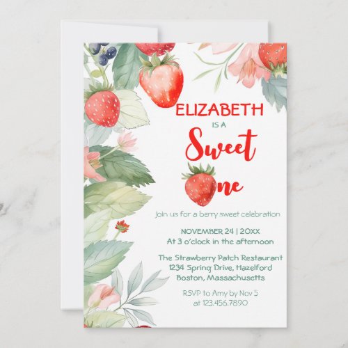 Cute Watercolor Sweet One Berry First Birthday Invitation