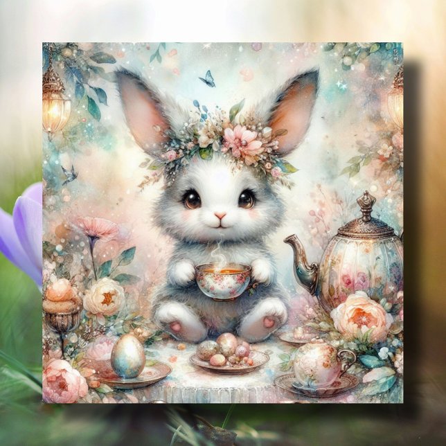 Cute Watercolor Tea Garden Easter Bunny  Holiday Card (Creator Uploaded)