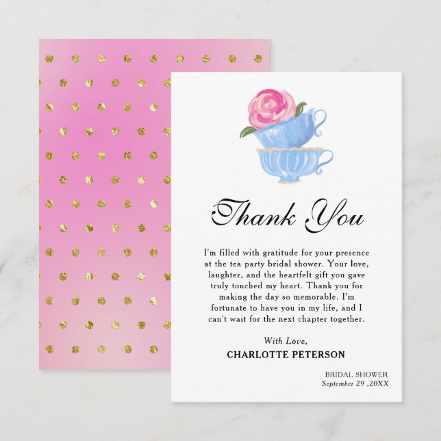 Cute Watercolor Tea Party Bridal Shower Thank You Card (Front/Back)