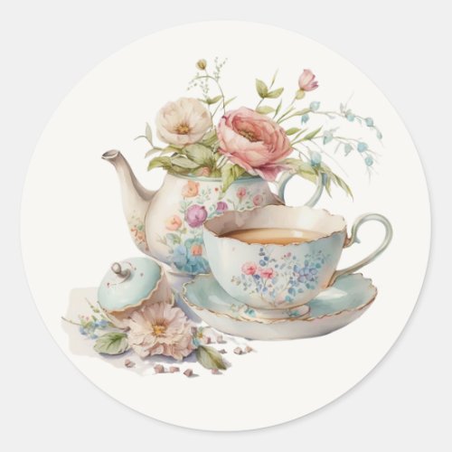 Cute Watercolor Teapot with Floral Bouquet Classic Classic Round Sticker